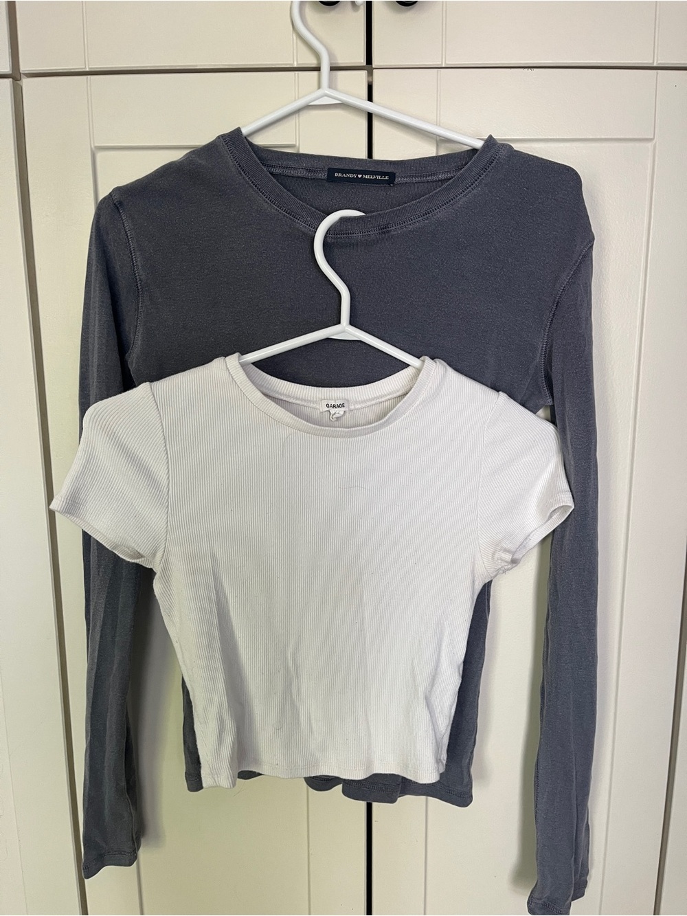 Brandy Melville White Ribbed Short Sleeve Tee Layered Over Charcoal Long Sleeve